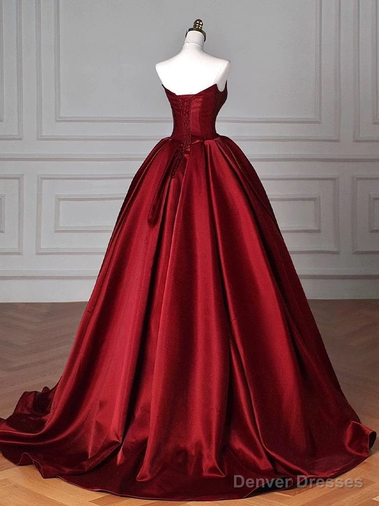 Modest Ball Gown Strapless Burgundy Satin Floor Length Evening Dress Prom Dresses Main image