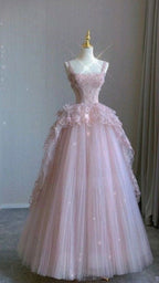 Modest Ball Gown Straps Pink Tulle Prom Dress 22Th Birthday Outfit