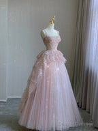 Modest Ball Gown Straps Pink Tulle Prom Dresses 22Th Birthday Outfit