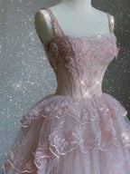 Modest Ball Gown Straps Pink Tulle Prom Dress 22Th Birthday Outfit