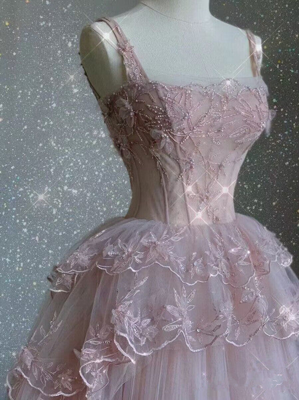 Modest Ball Gown Straps Pink Tulle Prom Dress 22Th Birthday Outfit