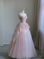 Modest Ball Gown Straps Pink Tulle Prom Dress 22Th Birthday Outfit