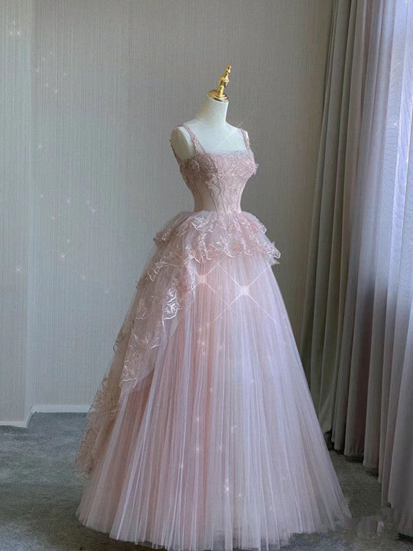 Modest Ball Gown Straps Pink Tulle Prom Dress 22Th Birthday Outfit