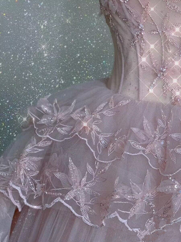 Modest Ball Gown Straps Pink Tulle Prom Dress 22Th Birthday Outfit