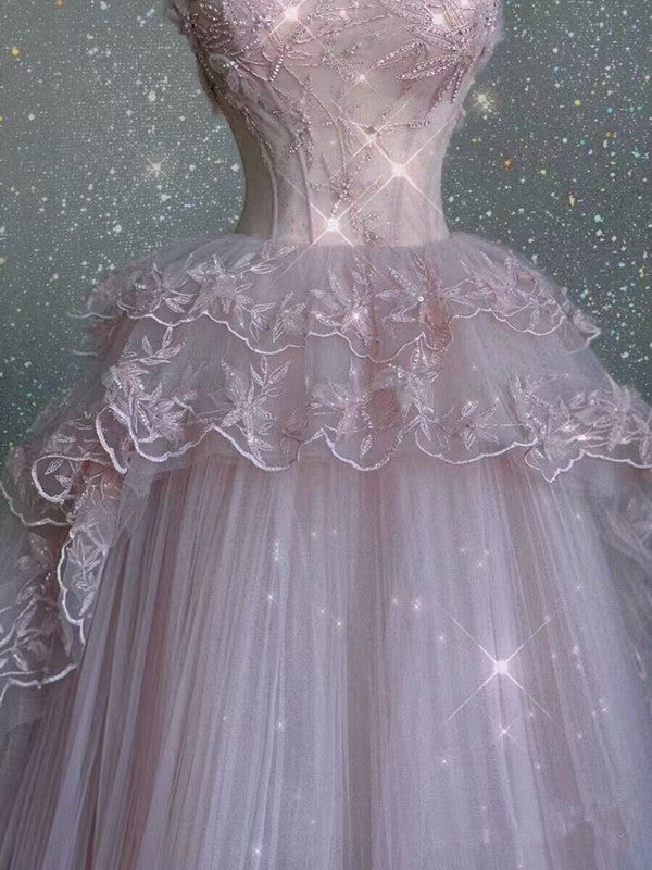 Modest Ball Gown Straps Pink Tulle Prom Dress 22Th Birthday Outfit