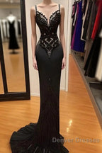 Modest Black Spaghetti Strap Mermaid Satin Prom Dress Long Prom Dress