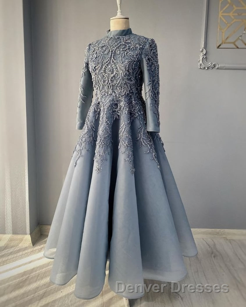 modest blue prom Dress lace emroidery evening Dress Secondary image