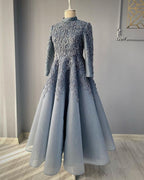 Modest Blue Prom Dress Lace Emroidery Evening Dress