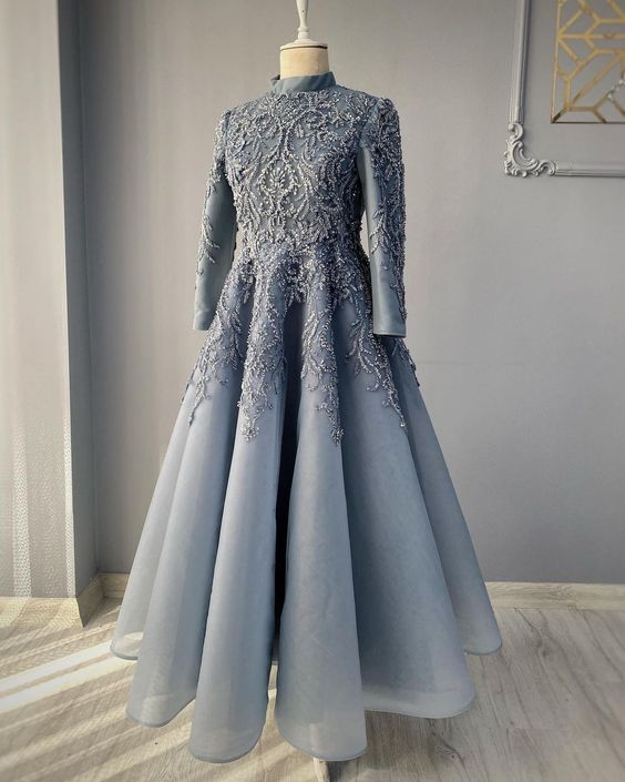 Modest Blue Prom Dress Lace Emroidery Evening Dress