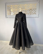 Modest Blue Prom Dress Lace Emroidery Evening Dress