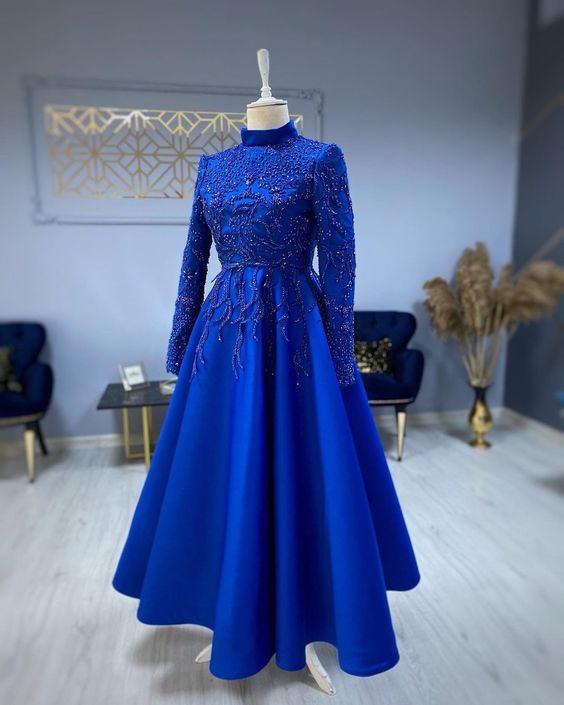 Modest Blue Prom Dress Lace Emroidery Evening Dress