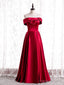 Modest Burgundy Satin Off the Shoulder Pearls Prom Dress