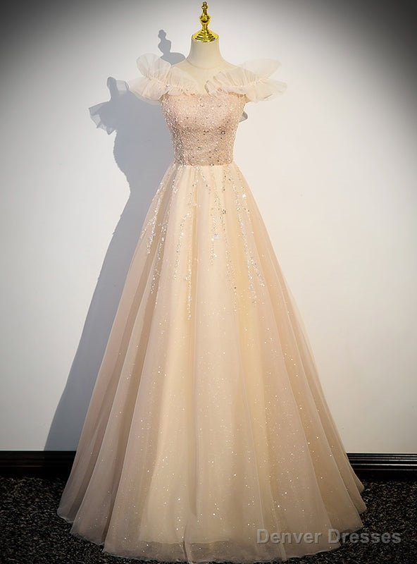 Modest Champagne Tulle Sequins Off the Shoulder Prom Dress Main image