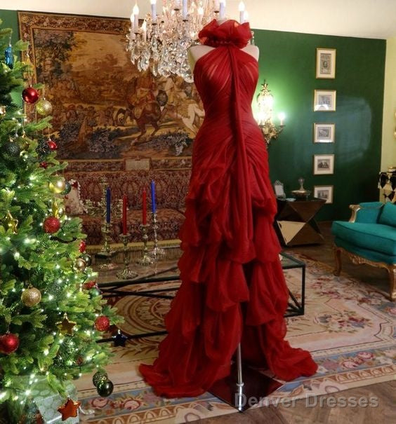 Modest High Low High Neckline Tulle Red Prom Dresses Main image
