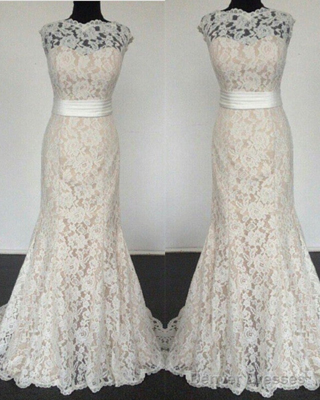 Modest High Neck Lace Mermaid Wedding Dress Bow Back