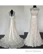 Modest High Neck Lace Mermaid Wedding Dress Bow Back