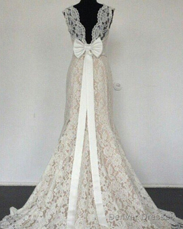 Modest High Neck Lace Mermaid Wedding Dress Bow Back Main image