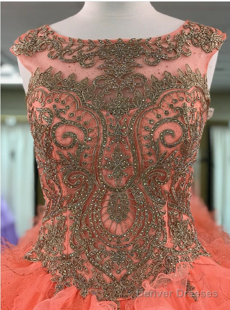 Modest Lace Appliques Organza Ruffles Coral Quinceanera Dresses Ball Gowns