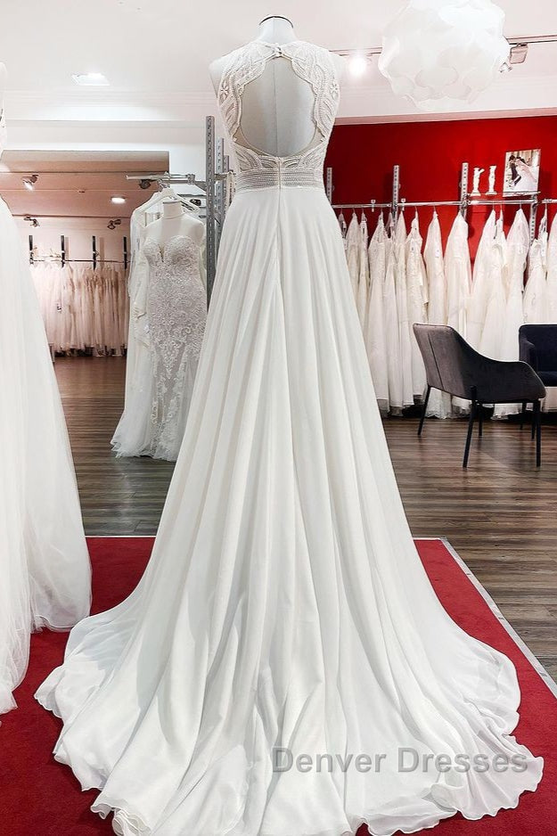 Modest Long A-line Chiffon Jewel Appliques Open Back Wedding Dress Secondary image