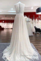 Modest Long A-line Halter Tulle Lace Backless Wedding Dress