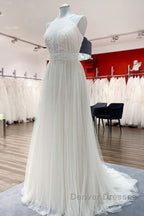 Modest Long A-line Halter Tulle Lace Backless Wedding Dress
