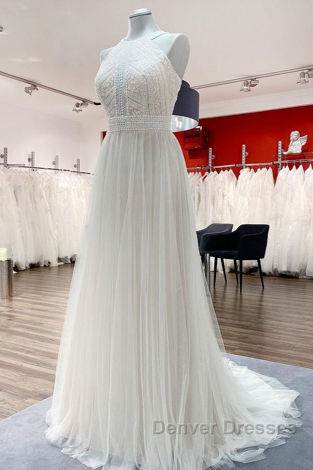 Modest Long A-line Halter Tulle Lace Backless Wedding Dress