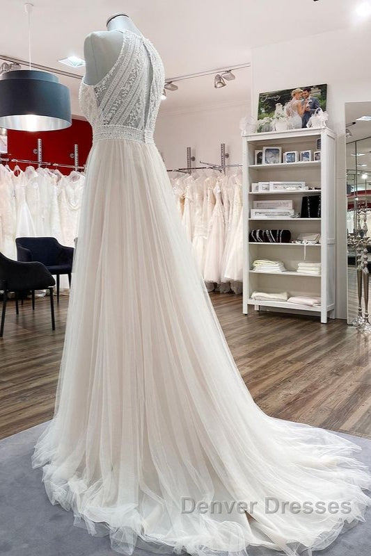 Modest Long A-line Halter Tulle Lace Backless Wedding Dress