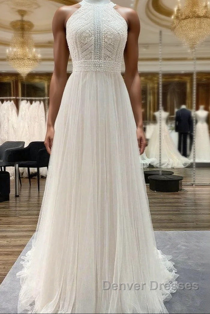 Modest Long A-line Halter Tulle Lace Backless Wedding Dress Main image