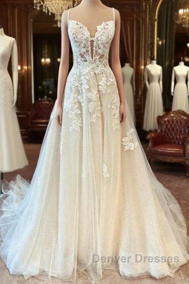 Modest Long A-line Spaghetti Straps Tulle Wedding Dress with Appliques Lace Main image