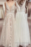 Modest Long A-line V-neck Backless Tulle Lace Wedding Dress