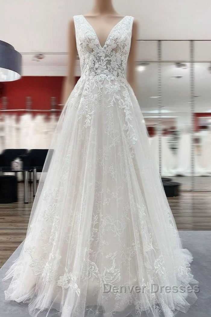 Modest Long A-line V-neck Open Back Tulle Wedding Dress with Appliques Lace Main image