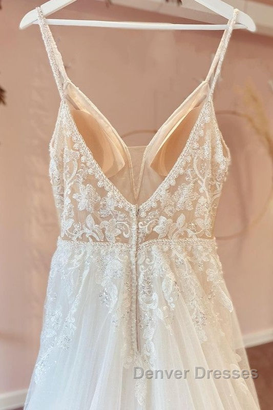 Modest Long A-line V-neck Spaghetti Straps Tulle Wedding Dress with Appliques Lace
