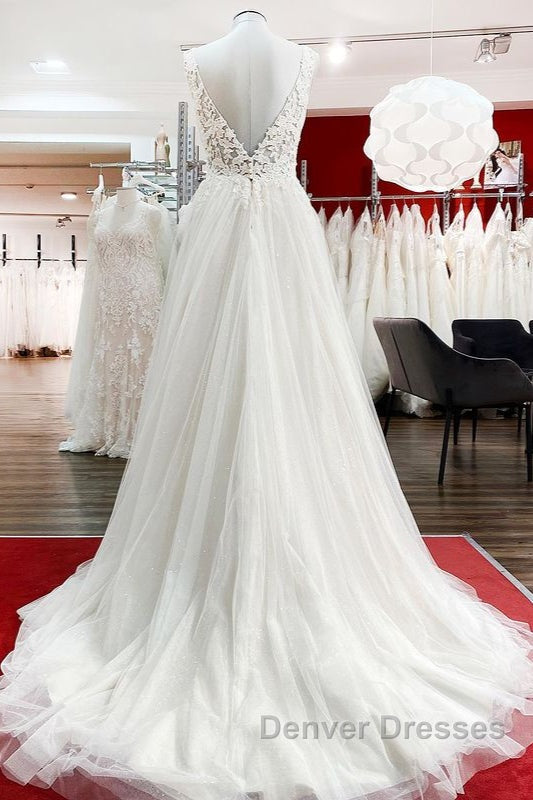 Modest Long A-line V-neck Tulle Ruffles Backless Wedding Dress With Lace Secondary image