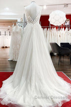 Modest Long A-line V-neck Tulle Ruffles Backless Wedding Dress With Lace