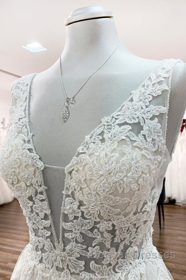 Modest Long A-line V-neck Tulle Ruffles Backless Wedding Dress With Lace