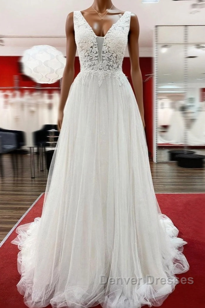 Modest Long A-line V-neck Tulle Ruffles Backless Wedding Dress With Lace Main image
