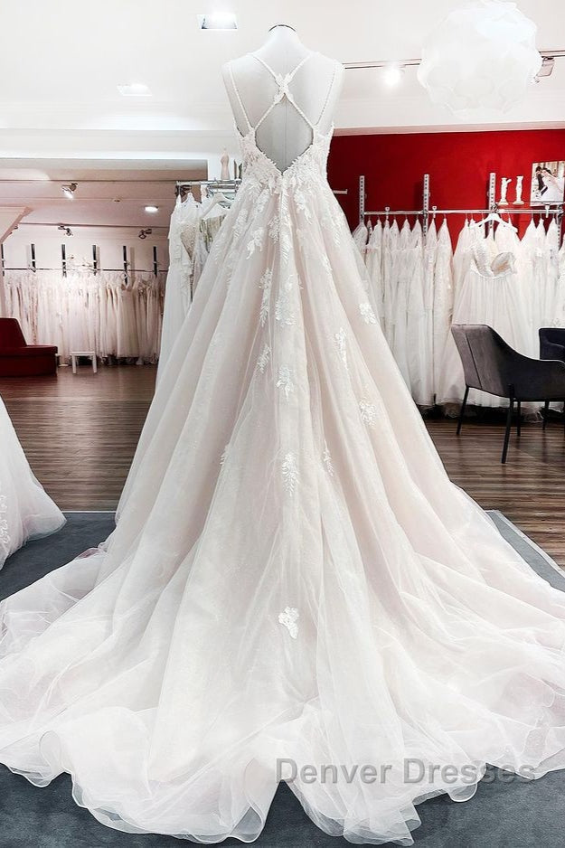 Modest Long Princess V-neck Tulle Spaghetti Straps Wedding Dress with Lace Secondary image