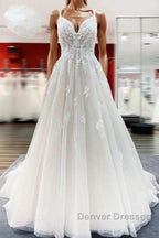 Modest Long Princess V-neck Tulle Spaghetti Straps Wedding Dress with Lace