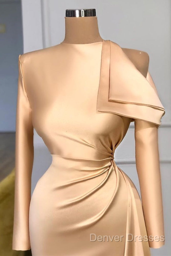 Modest Long Sleeves Ruched Mermaid Prom Dress With Cool Shoudler