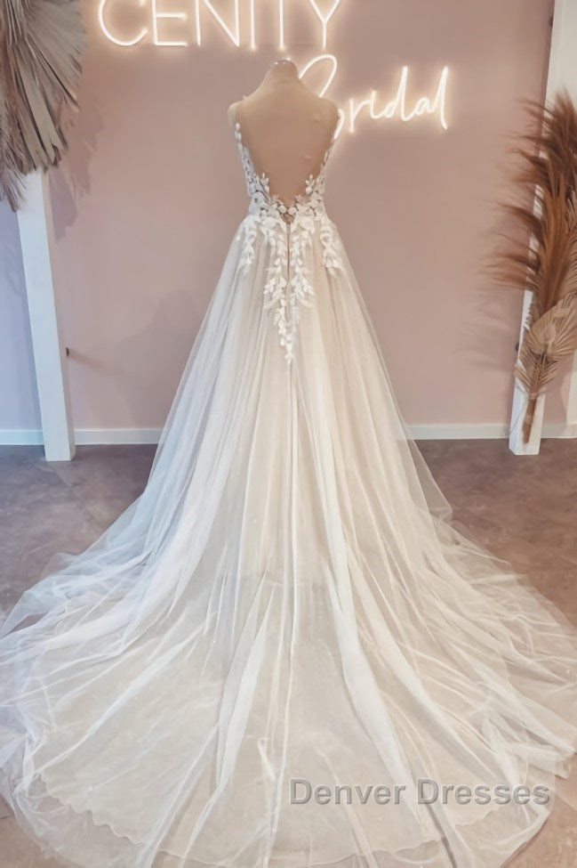 Modest Long V-Neck Sleeveless Lace Backless Wedding Dress Online Secondary image