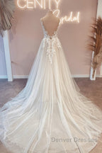 Modest Long V-Neck Sleeveless Lace Backless Wedding Dress Online