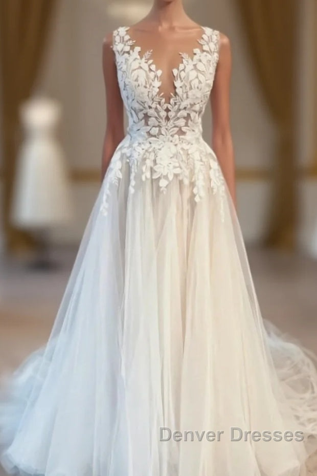 Modest Long V-Neck Sleeveless Lace Backless Wedding Dress Online Main image