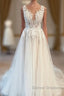 Modest Long V-Neck Sleeveless Lace Backless Wedding Dress Online