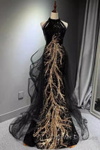 Modest Mermaid Halter Long Black Prom Dress