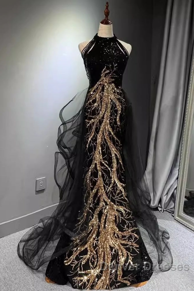 Modest Mermaid Halter Long Black Prom Dress