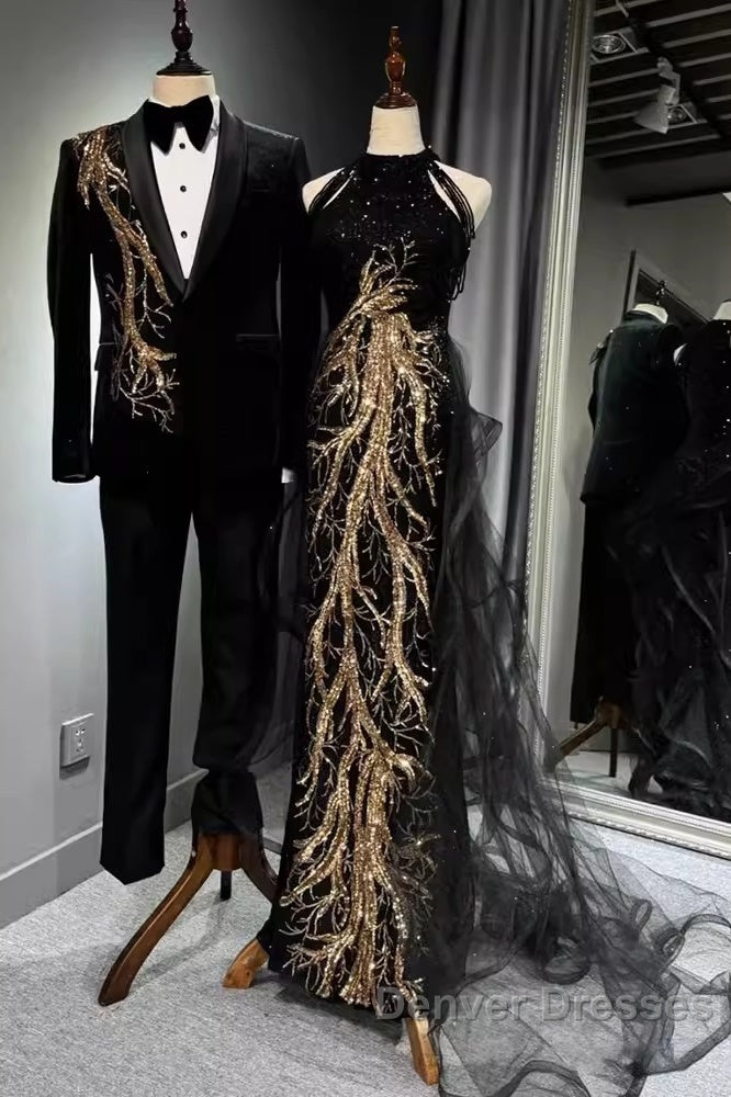 Modest Mermaid Halter Long Black Prom Dress