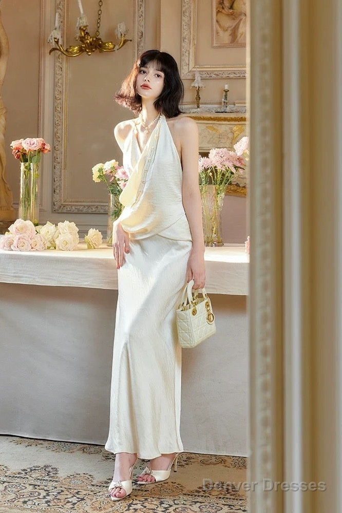 Modest Mermaid Halter Ruffles Long Evening Dress White Prom Dresses
