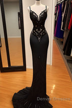 Modest Mermaid Lace Black Prom Dress Long Prom Dress