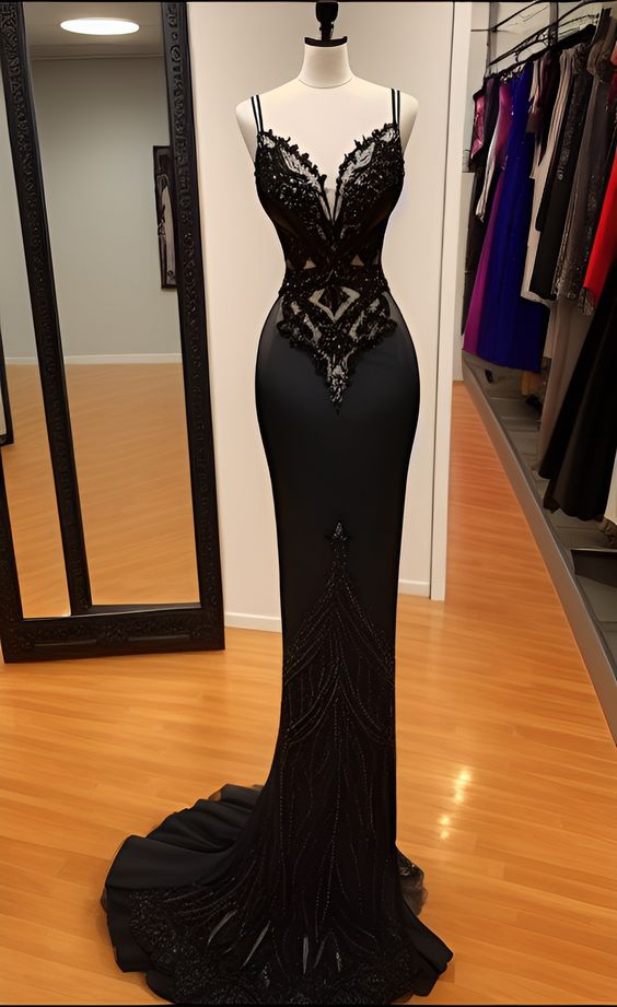 Modest Mermaid Lace Black Prom Dress Long Prom Dress