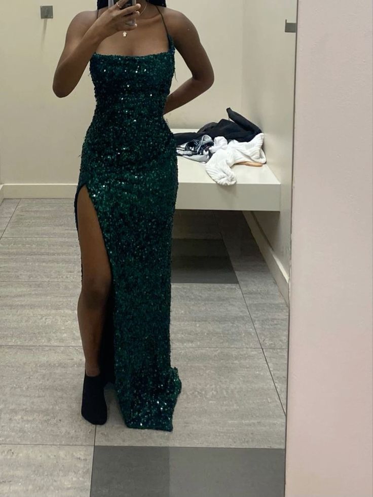 Modest Mermaid Long Dark Green Sequin Slit Prom Dress